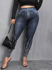 3D Denim Rhinestone Print High Rise Leggings Plus Size