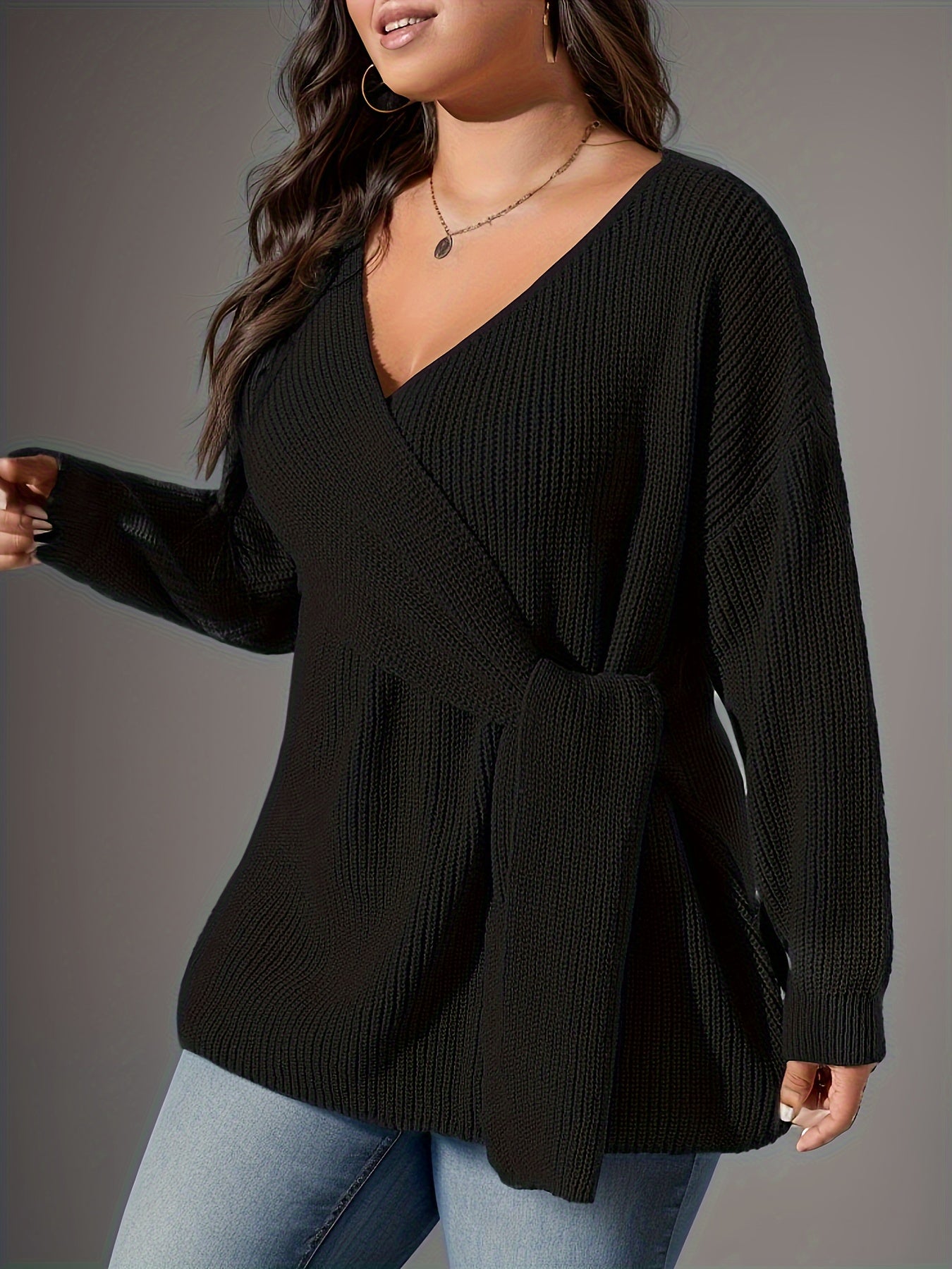 Casual Sweater Women's Solid Long Sleeve Wrap Jumper