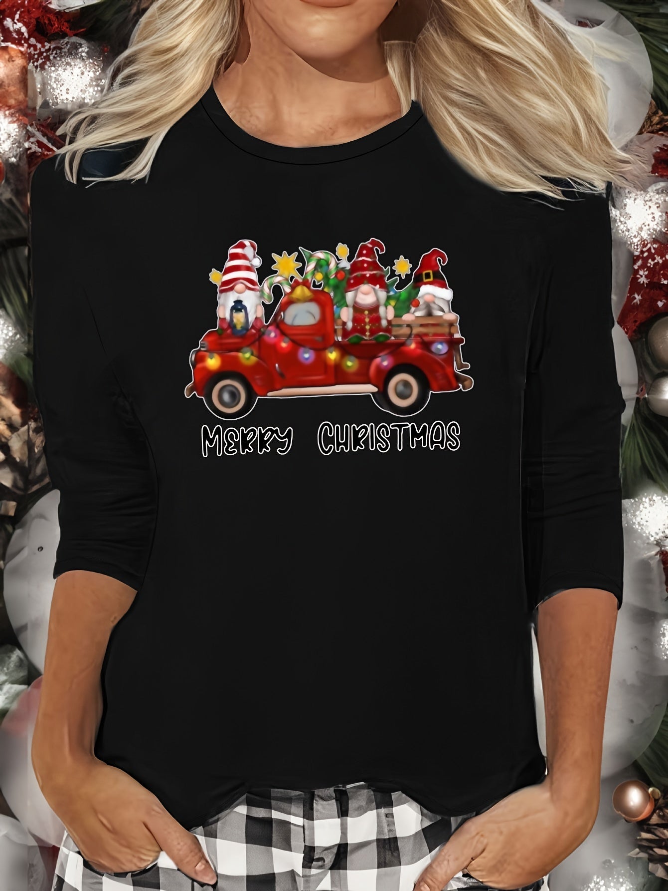 Christmas Letter Print Lounge Tops Long Sleeve Crew Neck Top