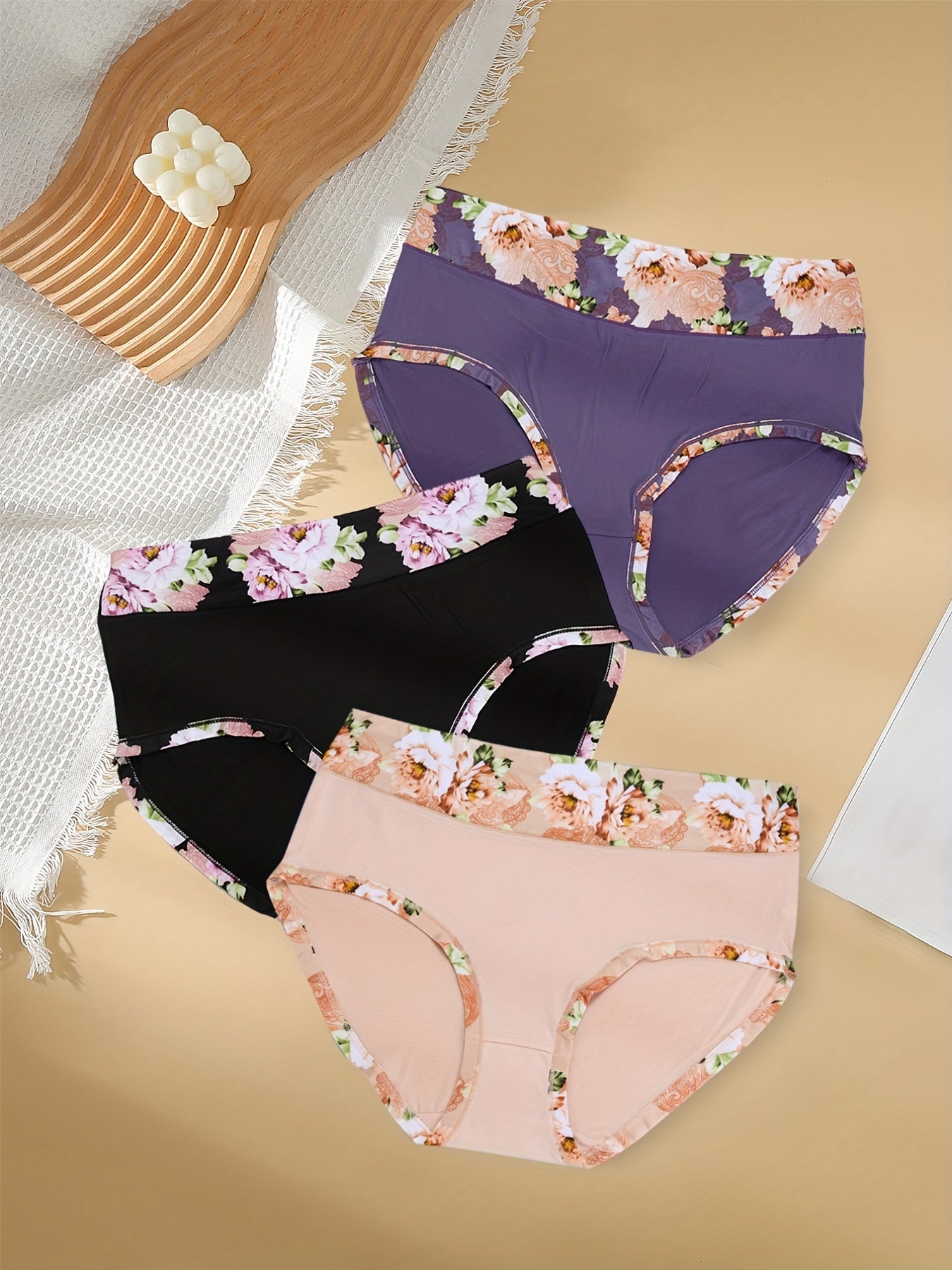 3 Pack Plus Size Panties Set Women's Plus Contrast Floral Print Solid Briefs