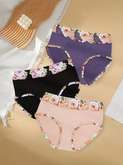 3 Pack Plus Size Panties Set Women's Plus Contrast Floral Print Solid Briefs