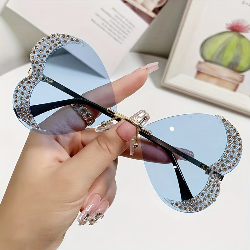 Girl's Love Shape Rimless Sunglasses with Rhinestone Y2K Ocean Lens