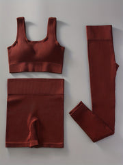 3pcs Ribbed Yoga Workout Suits Sports Bra & Leggings Sets Women's Activewear