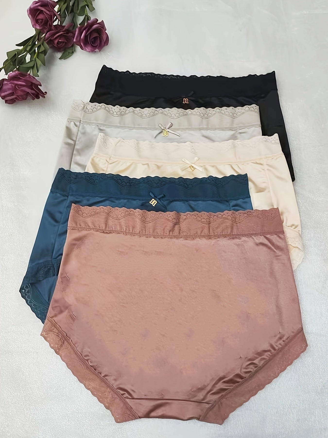 5 Pack Plus Size Sexy Panties Set Women's Plus Lace Trim Satin Panties