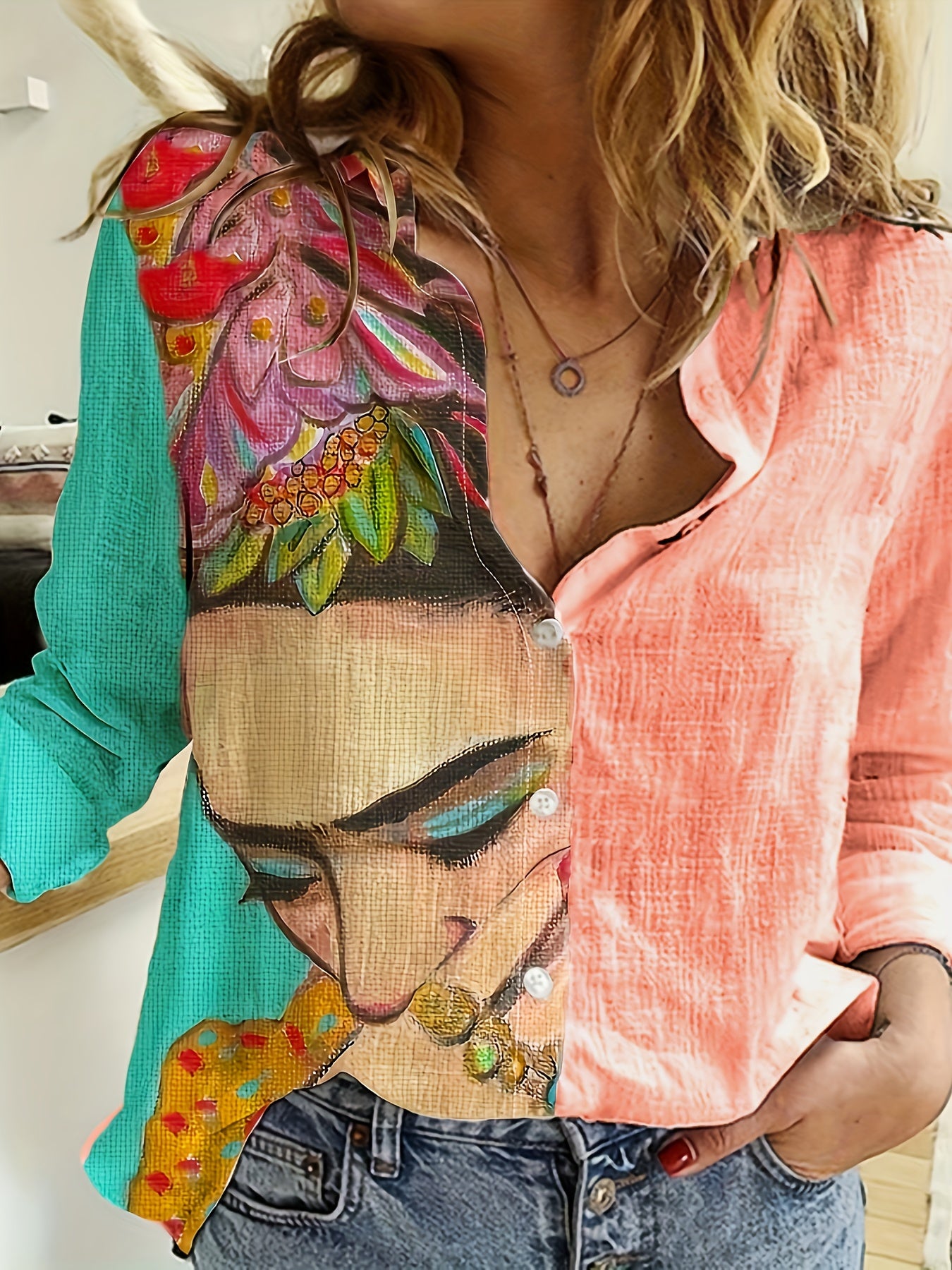 Colorblock Cartoon Print Button-Up Casual Blouse