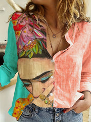 Colorblock Cartoon Print Button-Up Casual Blouse