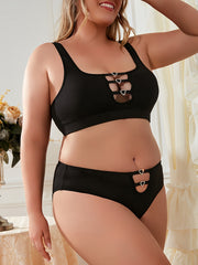 Rhinestone Heart Cut Out Ribbed Bra & Panty Set