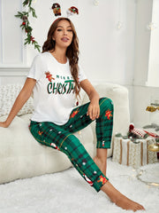 Christmas Print Lounge Set Short Sleeve Top & Plaid Pants Women's Loungewear