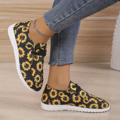 Women's Sun Flower Print Sneakers Low Top Lace Up Round Toe Casual Shoes