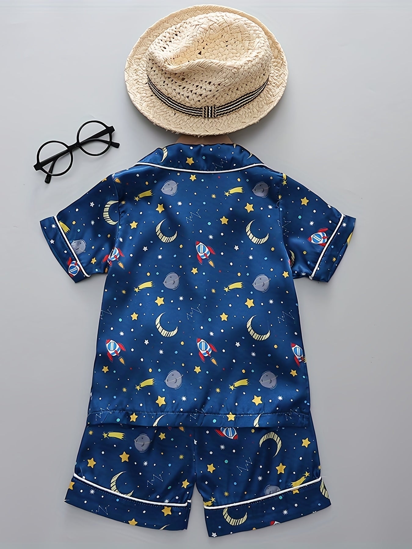 Boys Rocket Moon Star Pajamas Set Short Sleeves Tops & Bottoms