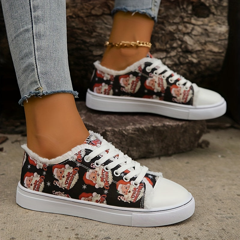 Women's Santa Claus Print Lace Up Casual Shoes