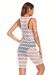 Hollow Out Sleeveless Lace Mesh Beach Dress Cover Up
