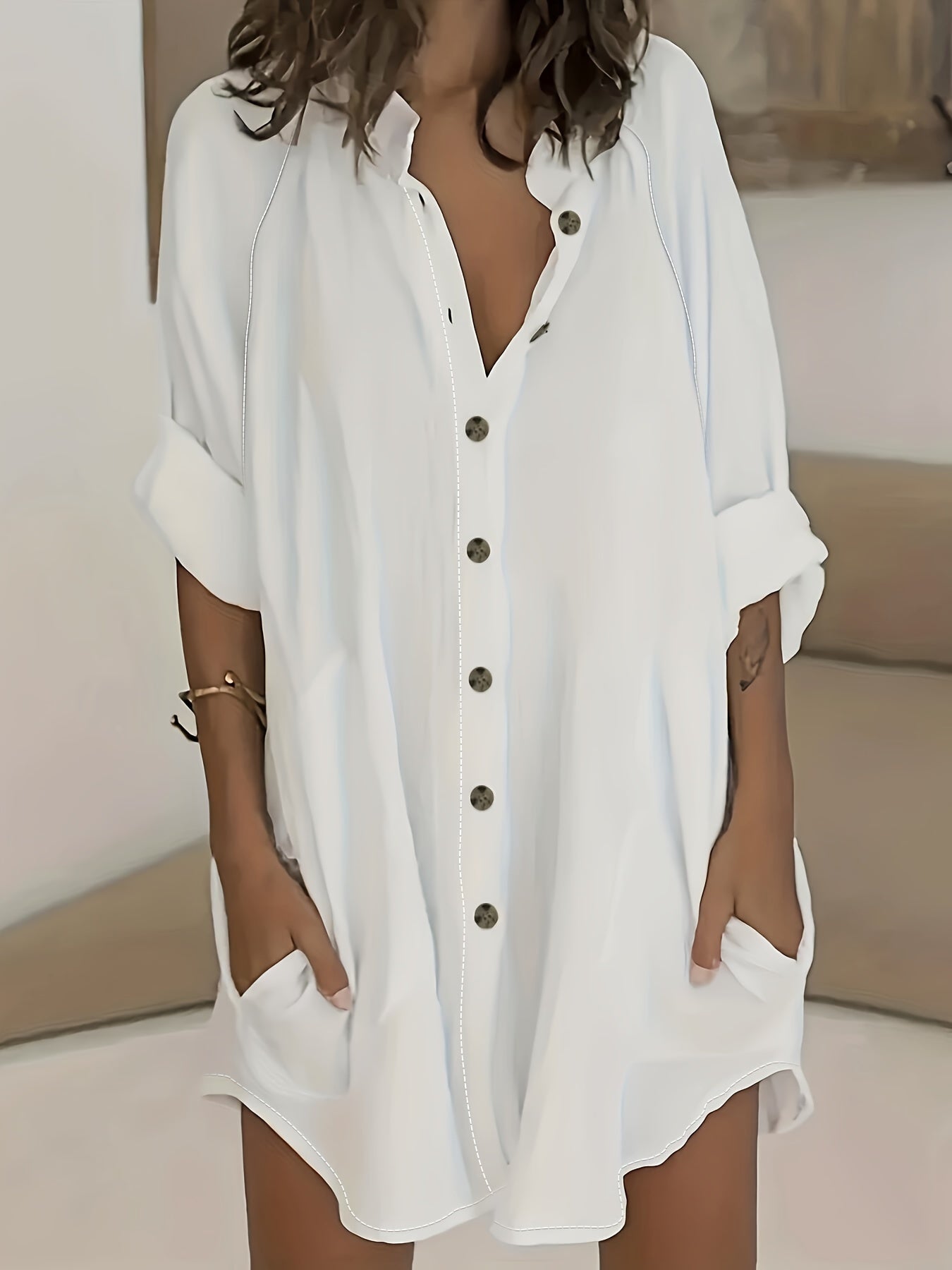 Solid Button Up Long Sleeve Tunic Shirt Top