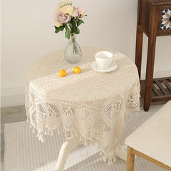 Boho Beige Lace Tablecloth with Tassel for Home and Wedding Decor