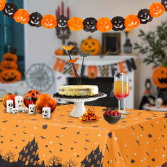 2Pcs Halloween Plastic Table Cloth Castle Bat Witch Tree Decor