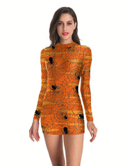 Skeleton & Floral Print Slim Dress Casual Mock Neck Dress