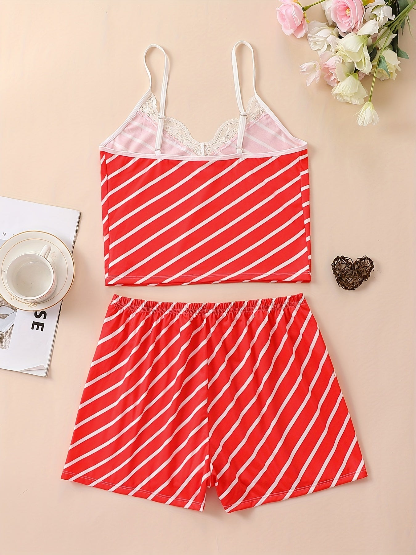 Striped Print Pajama Set V Neck Cami Top & Shorts Women's Sleepwear