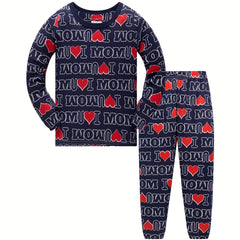 Boys I Love U Mom Pajamas Set Long Sleeves Tops & Bottoms
