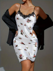 Floral Satin Slip Dress Lace V Neck Babydoll Sexy Lingerie