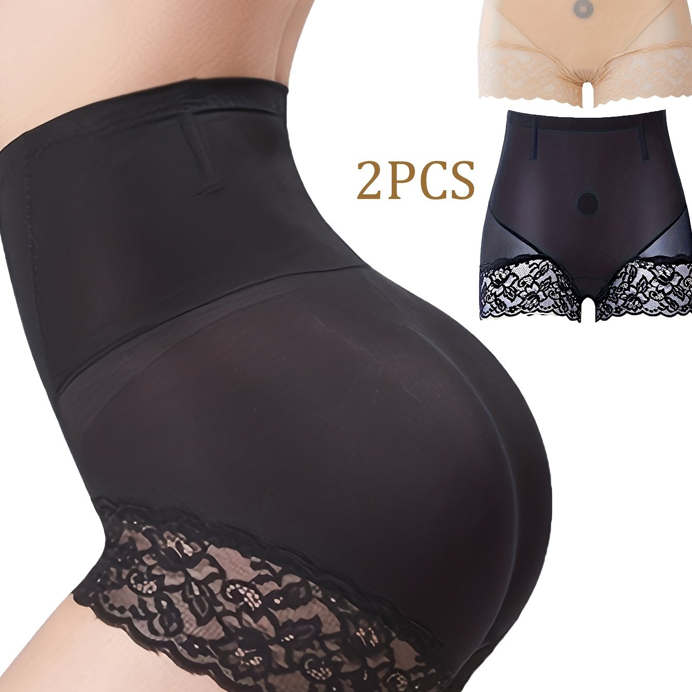 2pcs Lace Trim Tummy Control Panties Butt Lifting Women's Underwear