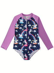 Pony Print Long Sleeve Girls' Swimsuit for Vacation