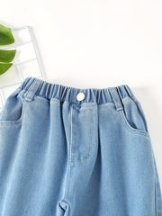 Girls Smile Tag Casual Baggy Jeans with Elastic Waist