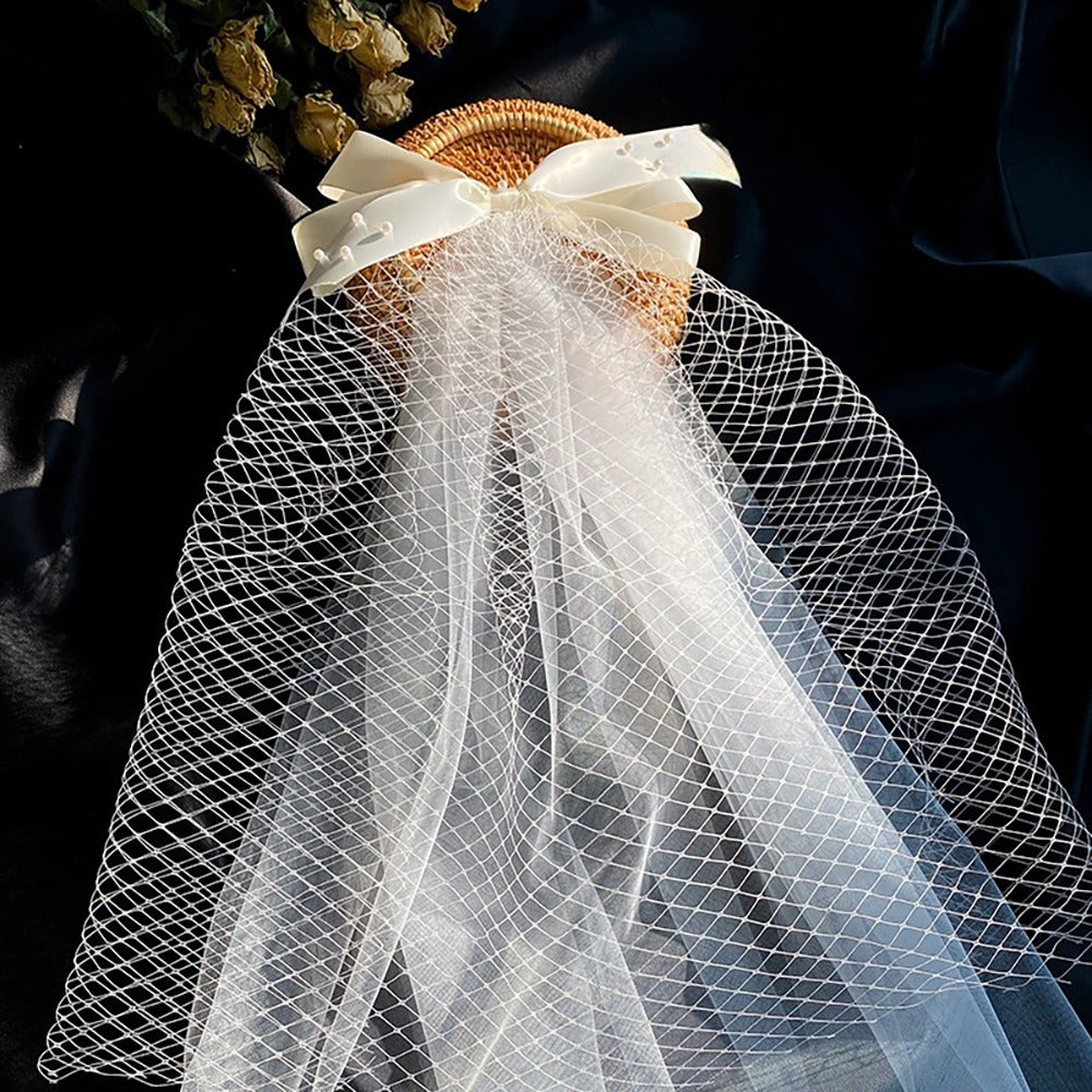 Bridal Veil with Pearl Bow Tulle Wedding Dress Accessory