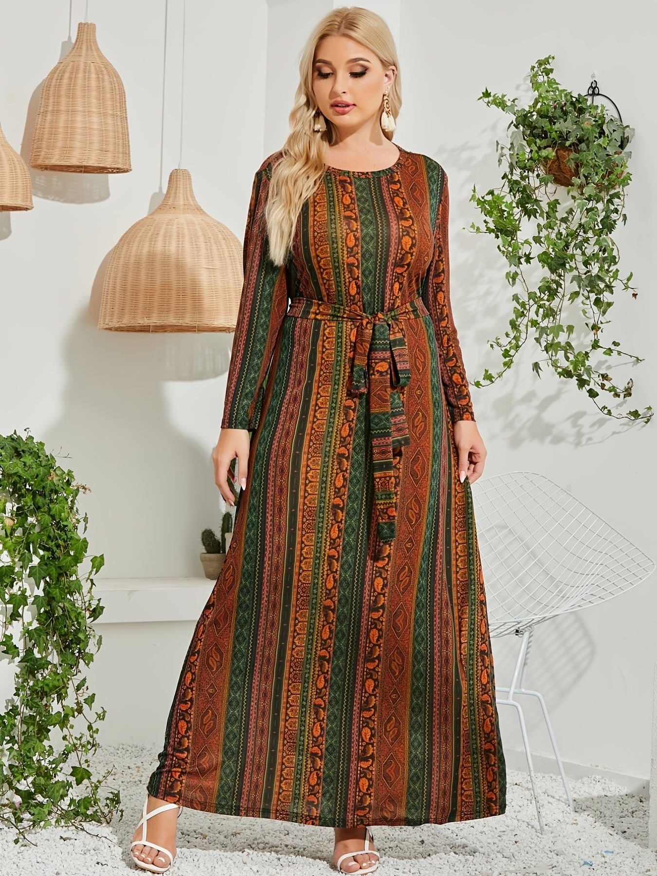 Boho Dress Paisley Print Long Sleeve Round Neck Maxi Dress