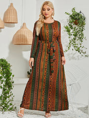 Boho Dress Paisley Print Long Sleeve Round Neck Maxi Dress