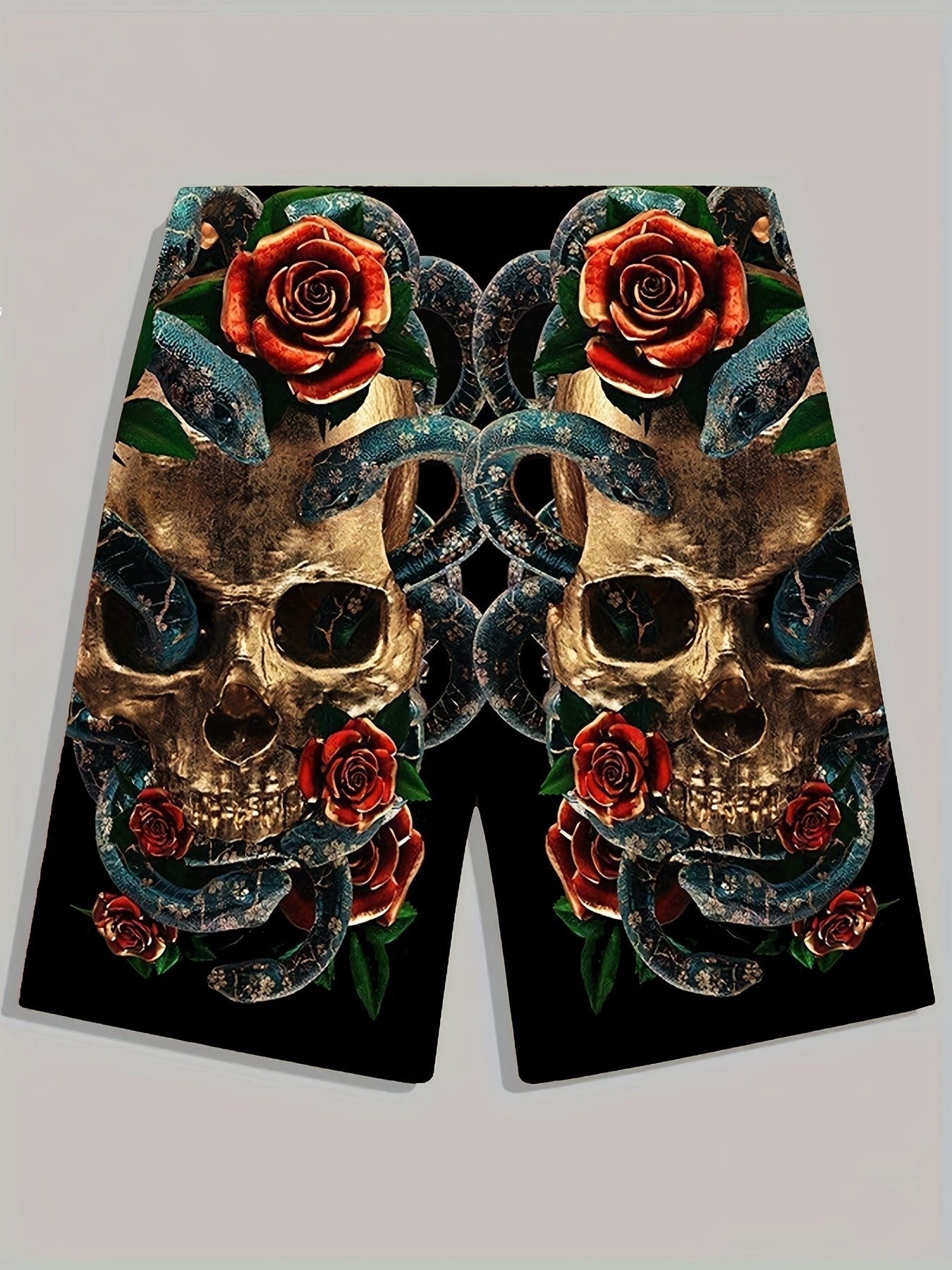 Skull Rose Print Shorts Men's Casual Elastic Waist Summer Shorts