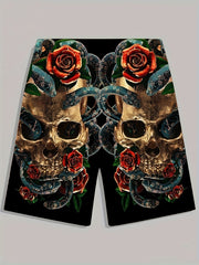 Skull Rose Print Shorts Men's Casual Elastic Waist Summer Shorts