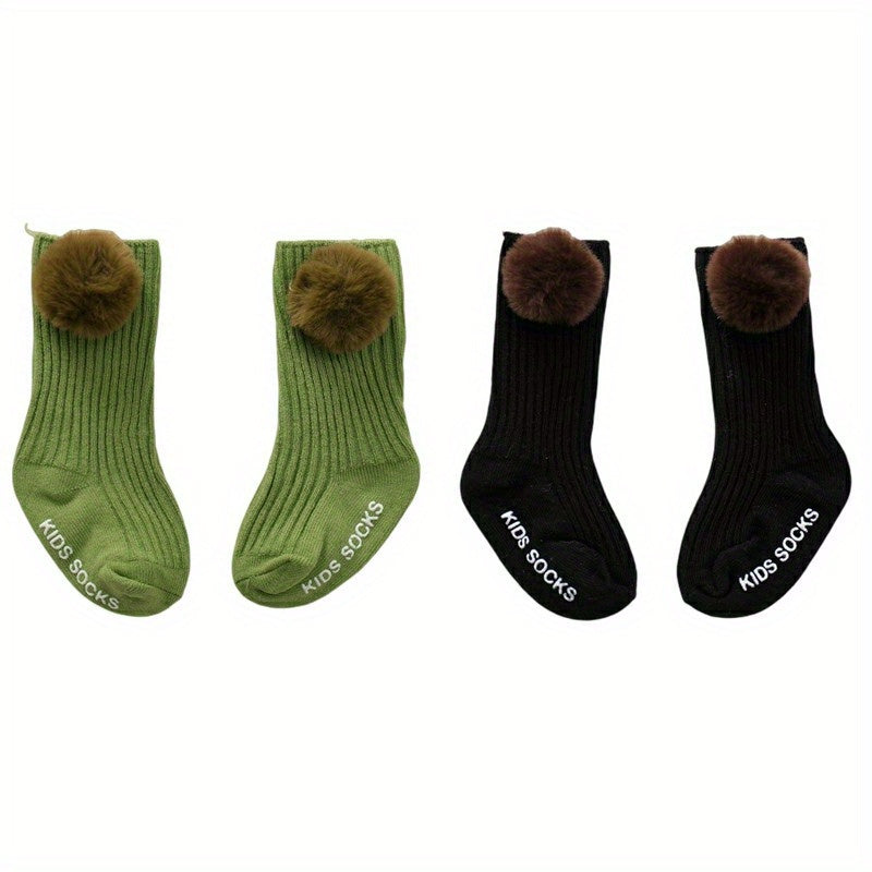 2 Pairs Girls Baby Socks Large Pompom Non Slip Toddler Knee Socks