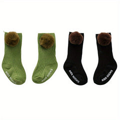 2 Pairs Girls Baby Socks Large Pompom Non Slip Toddler Knee Socks