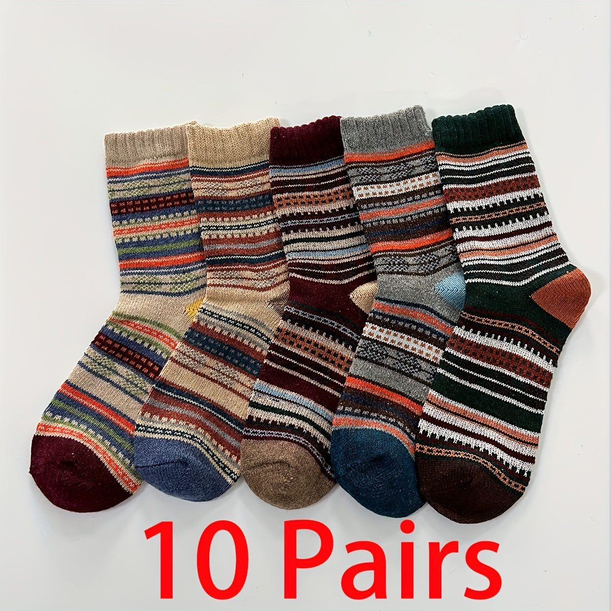 10 Pairs Striped Warm Crew Socks for Autumn Winter