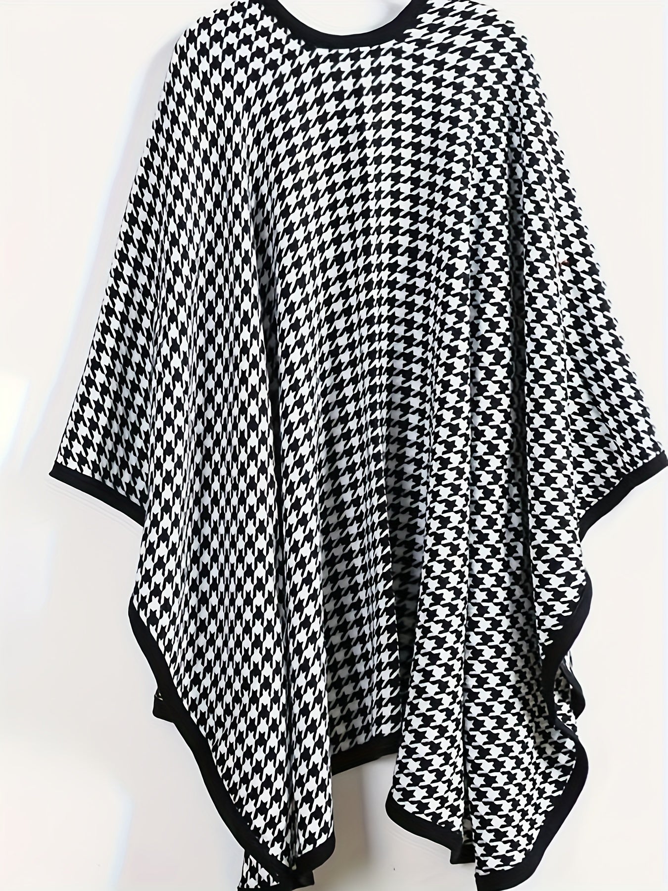 Houndstooth Print Batwing Sleeve Open Front Cape Coat