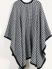 Houndstooth Print Batwing Sleeve Open Front Cape Coat