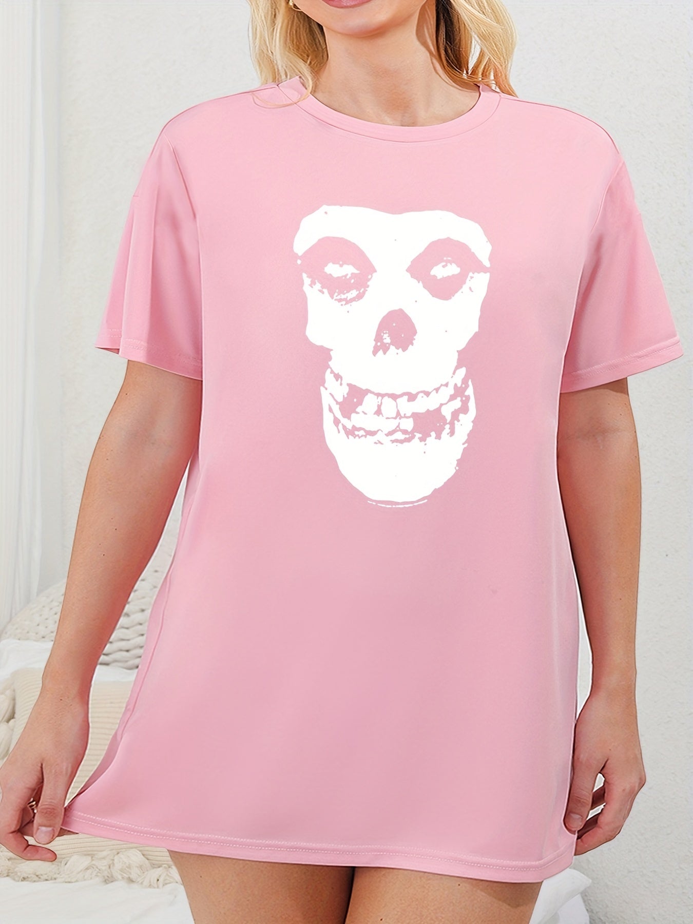 Skull Print Short Sleeve Round Neck Tee Sleep Dress