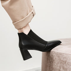 Women's Chunky Heel Ankle Boots Square Toe Knitted Slip On High Heels