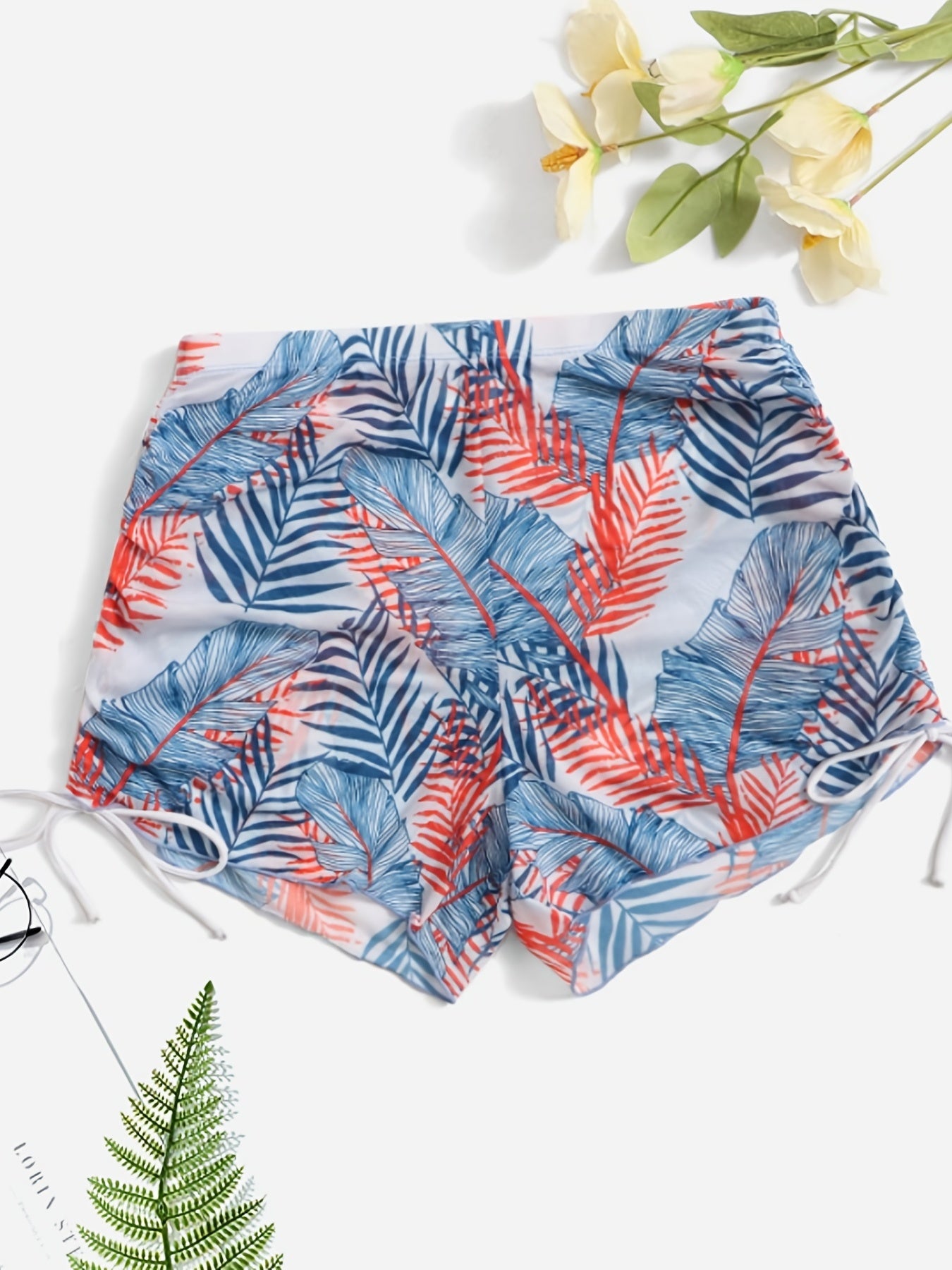 Tropical Plant Print Tie Side Swim Short