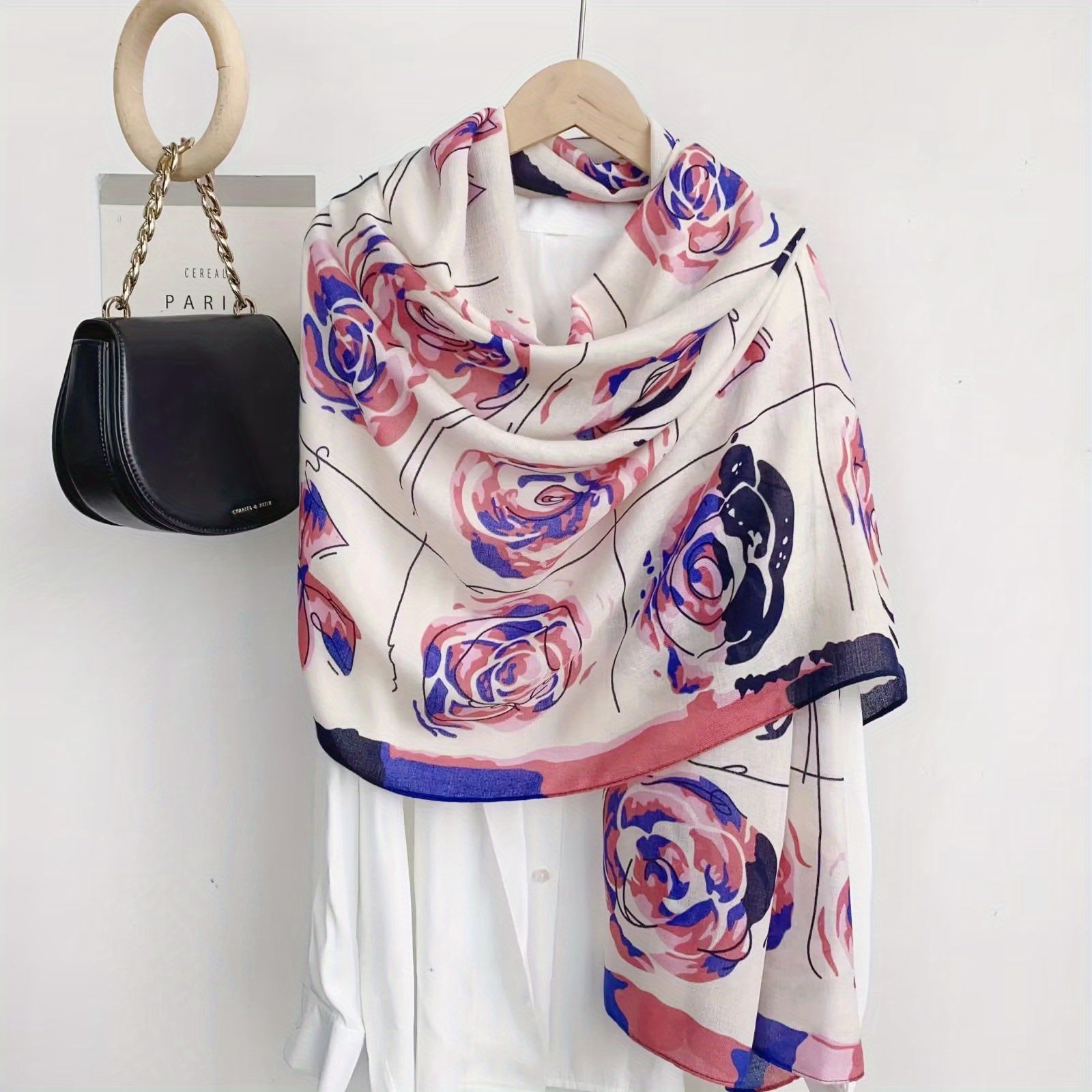 Vintage Rose Print Scarf Warm Shawl Windproof Head Wrap