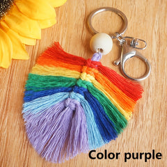 Hand Woven Keychain Wooden Bead Rainbow Tassel Pendant Holiday Gift