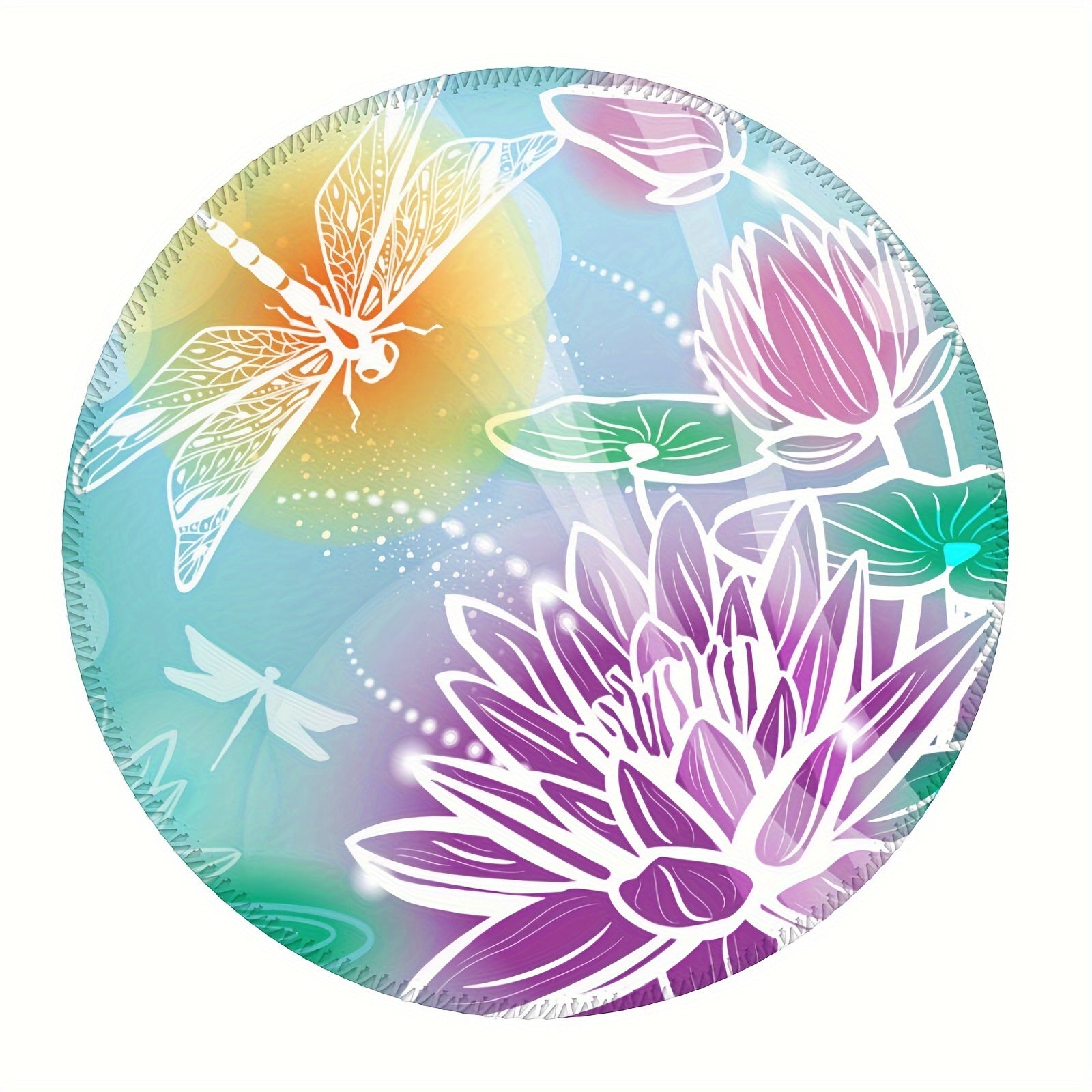 Dragonfly And Lotus Pattern Circular Stitched Edge Mousepad