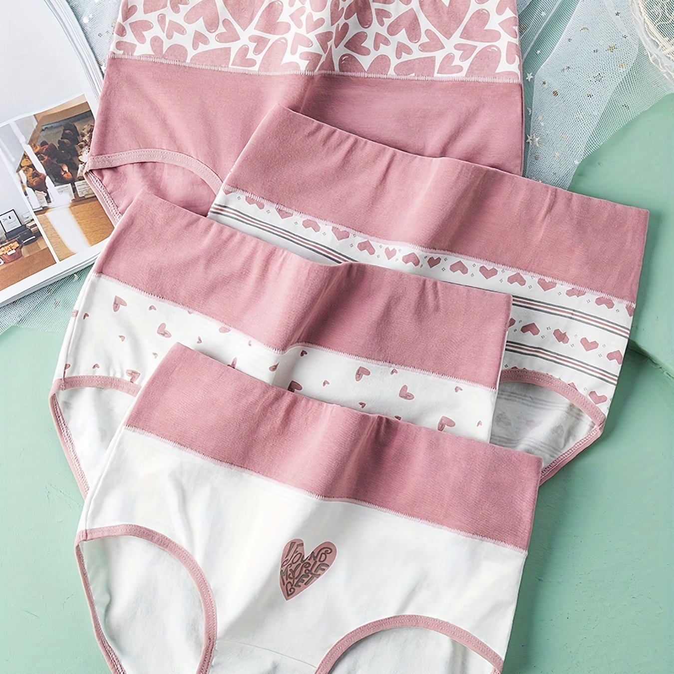 4 Heart Print Briefs High Waist Stretchy Intimates Panties Women's Lingerie