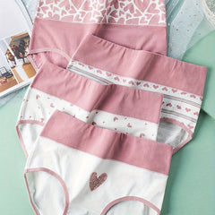 4 Heart Print Briefs High Waist Stretchy Intimates Panties Women's Lingerie
