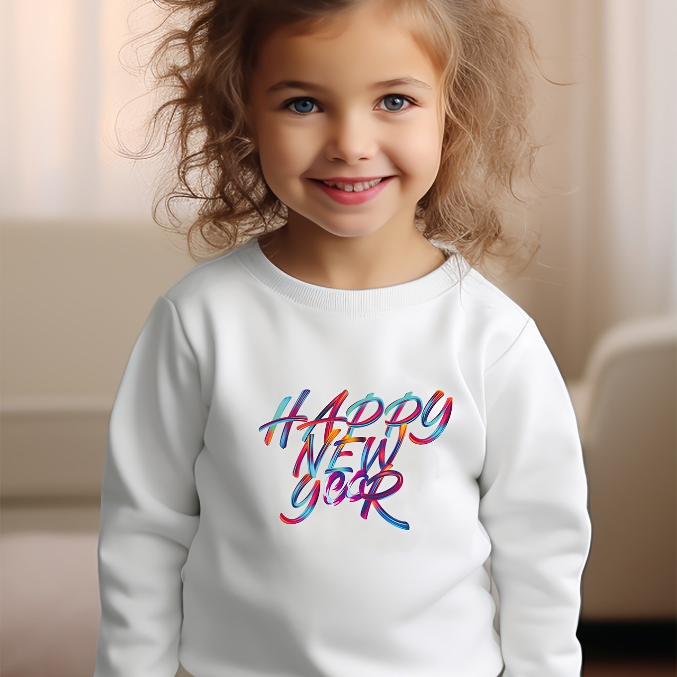 Girls Happy Year Pattern Crew Neck Long Sleeve Sweatshirt
