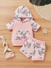 2pcs Baby Boys Elephant Print Hoodie & Shorts Set