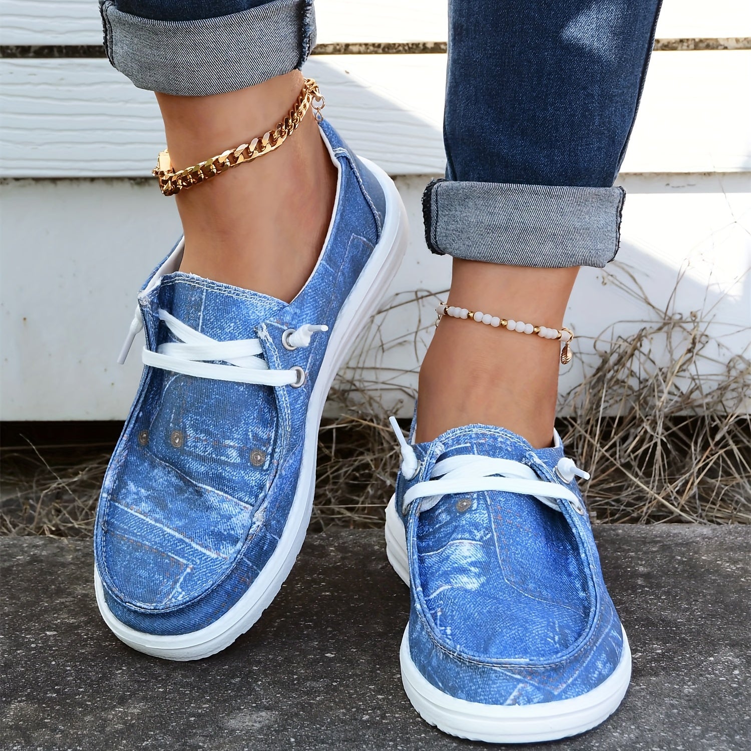 Women's Sea Denim Print Boat Shoes Lace Up Slip on Canvas Shoes