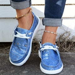 Women's Sea Denim Print Boat Shoes Lace Up Slip on Canvas Shoes