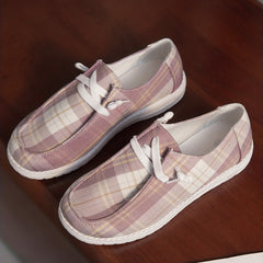 Pink Plaid Canvas Shoes Women Casual Lace Up Sneakers Lightweight Comfort