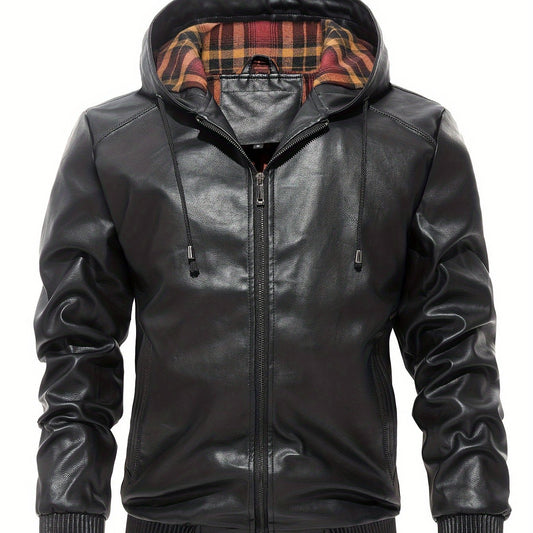 Men's Pu Leather Hooded Jacket Windproof Warm Thermal Jacket